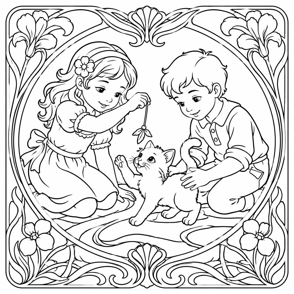 Black-and-white line art coloring page of a cat playing with cheerful kids in an art nouveau style.