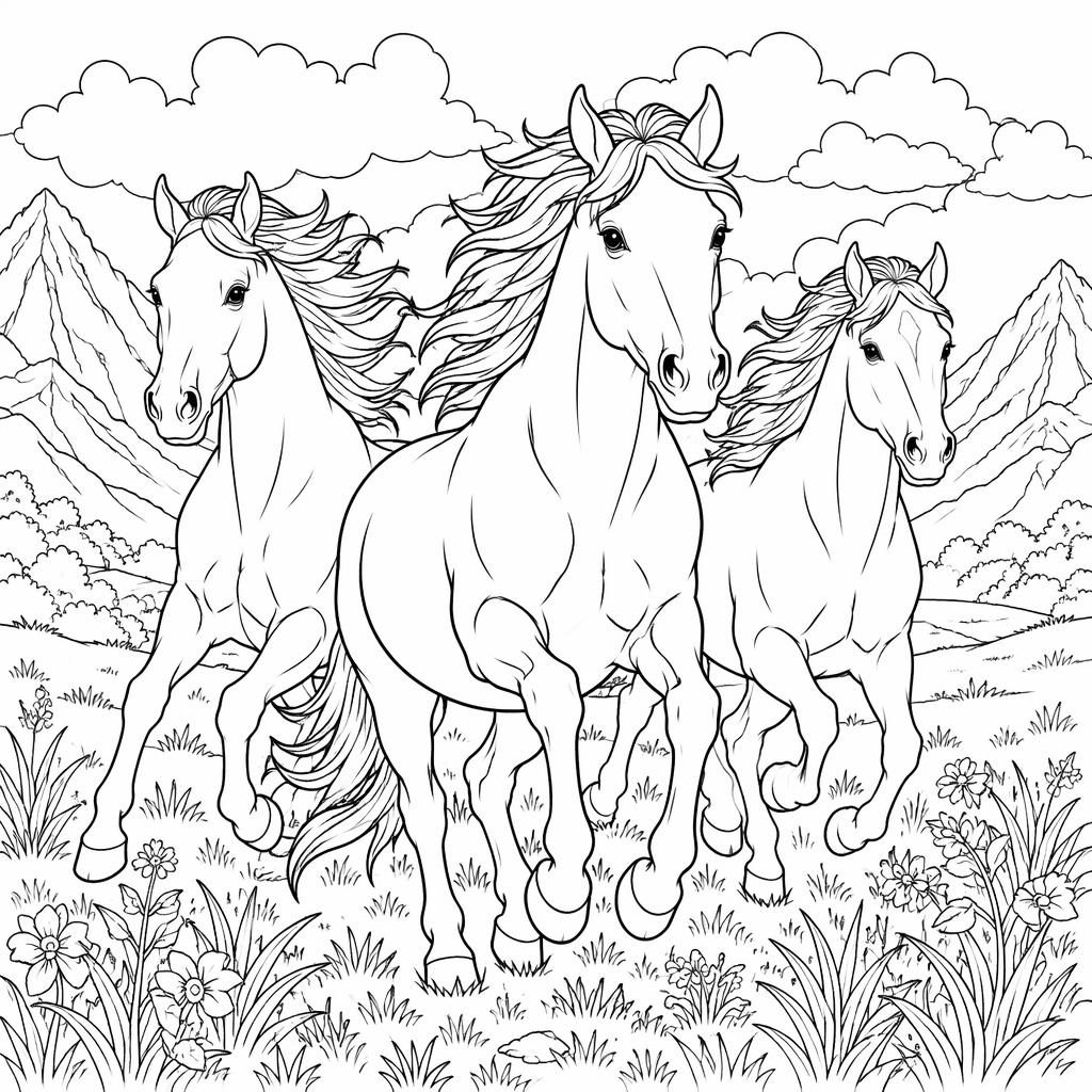Illustration noir et blanc de plusieurs chevaux courant, style manga simple, contours nets sur fond blanc à colorier.