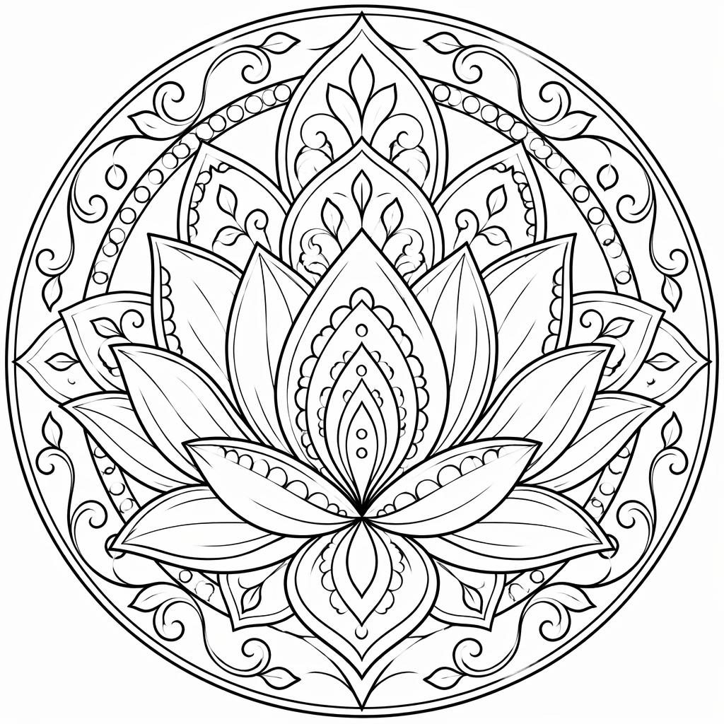 Ilustración en blanco y negro de un mandala de loto para adultos, con líneas limpias y detalles art nouveau.