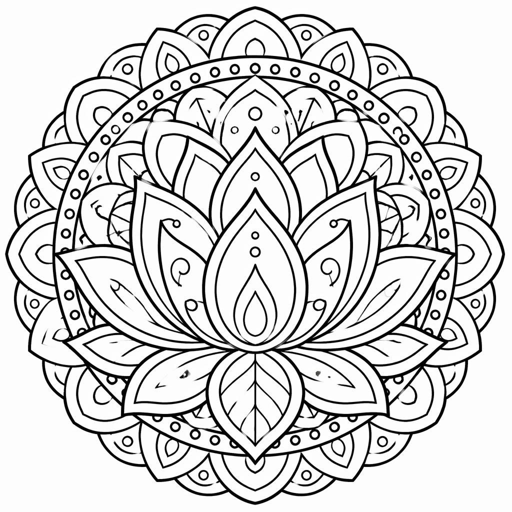 Schwarz-weiße Ausmalseite mit Mandala-Lotus, klaren dicken Konturen und geschlossenen Formen auf weißem Hintergrund.