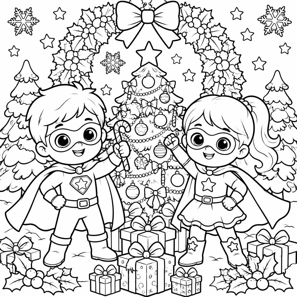 Schwarz-weiße Ausmalbild-Illustration mit Superhelden-Kindern, dicken Konturen, botanischen Details und geschlossenen Formen.