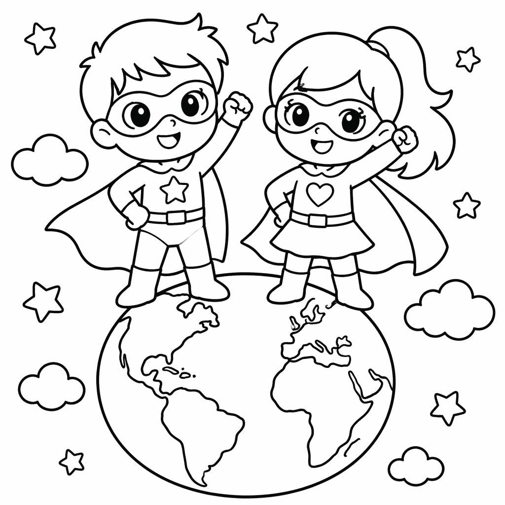 Página para colorear en blanco y negro con niños superhéroes estilo manga, líneas gruesas y formas simples.