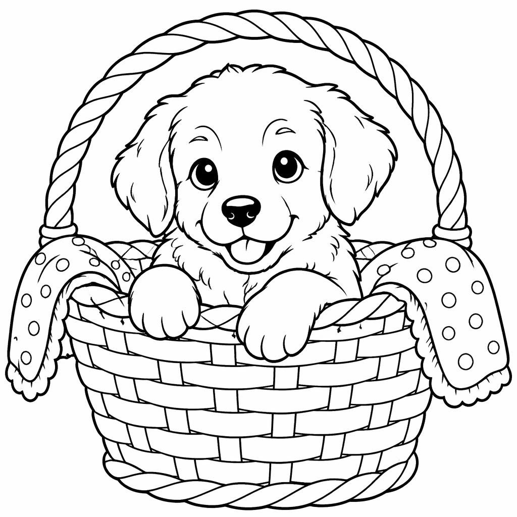 Black-and-white coloring page of a puppy sitting in a basket with kids, chunky outlines and clean printable line art.