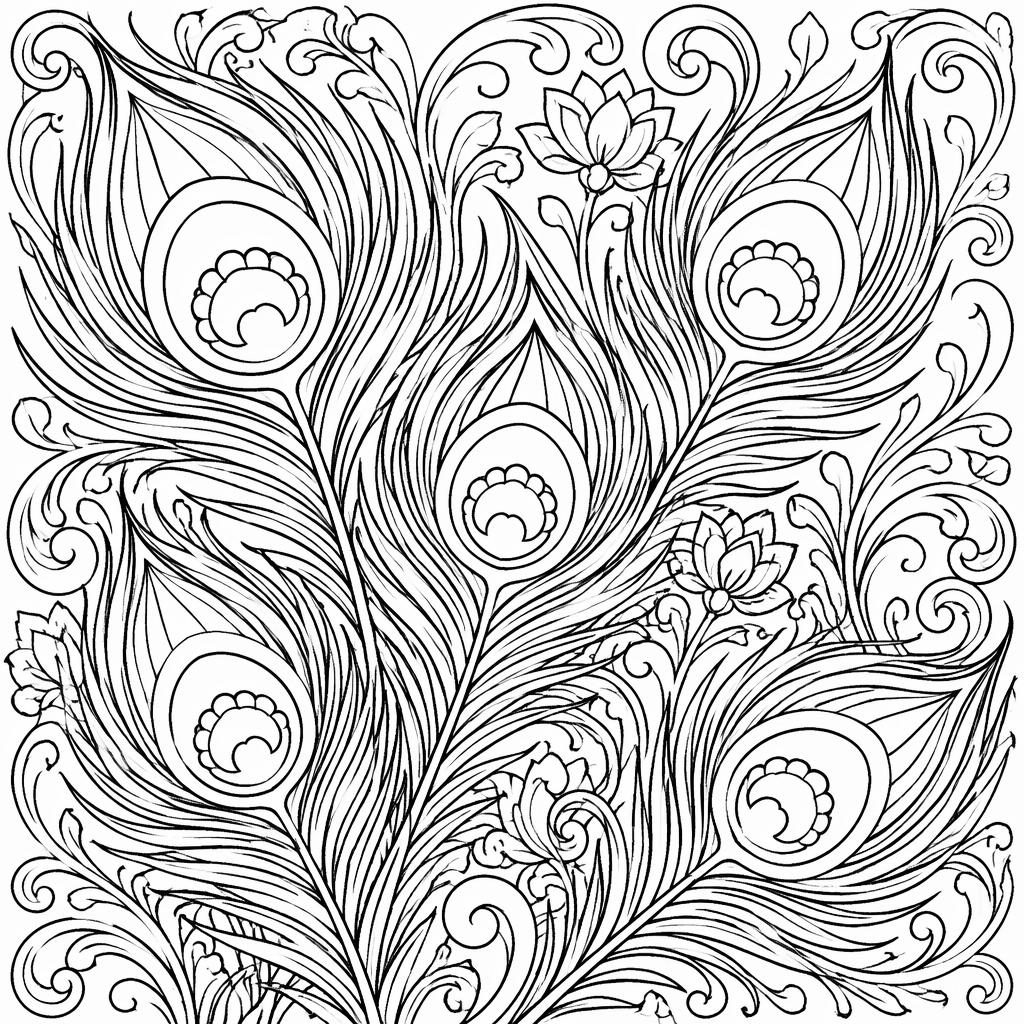 Illustration à colorier en noir et blanc de plumes de paon détaillées, style art nouveau, contours nets sur fond blanc.