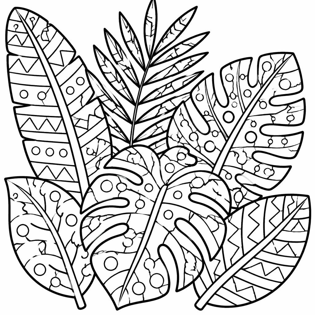 Illustration en noir et blanc de feuilles tropicales style zentangle, contours simples, formes fermées à colorier.