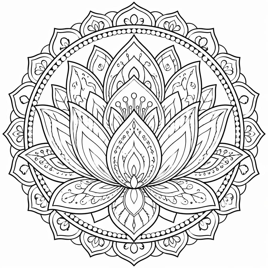 Schwarz-weiße Ausmalvorlage mit detaillierter Mandala-Lotusblüte in botanischem Line-Art-Stil auf weißem Hintergrund.