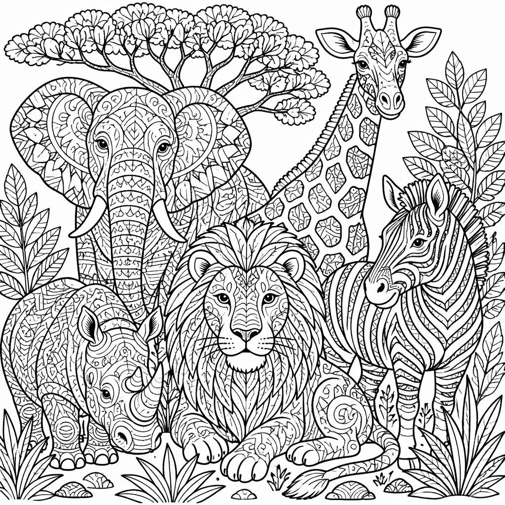 Schwarz-weiße Ausmalbild-Illustration mit Safari-Tieren im Zentangle-Stil, klare Konturen, druckbares Line-Art