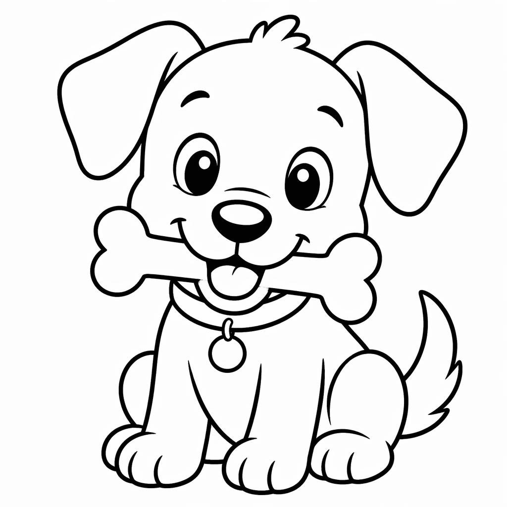 Schlichte Schwarz-Weiß-Ausmalseite mit niedlichem Cartoon-Hund und Knochen, klare Konturen auf weißem Hintergrund