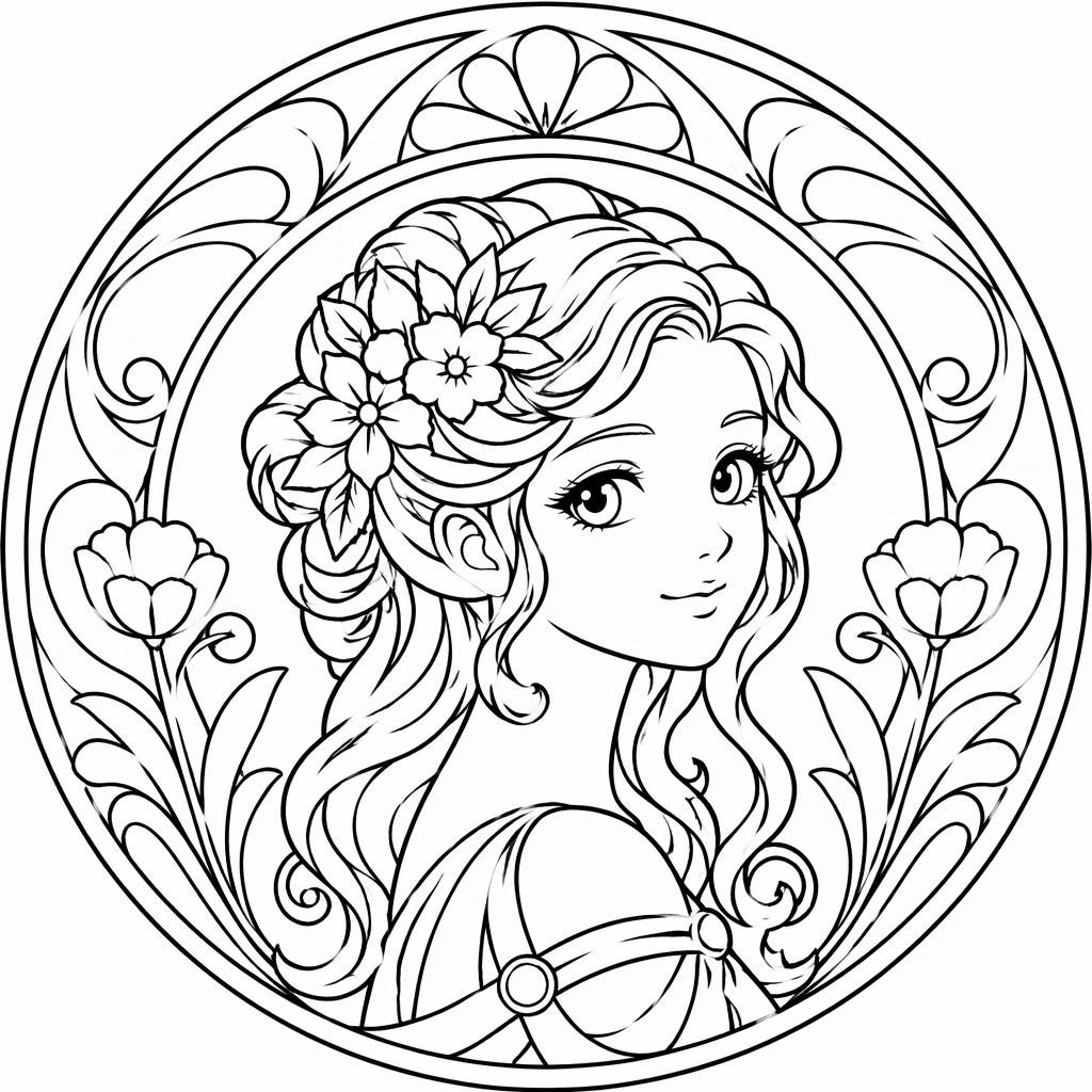 Ilustración en blanco y negro de un retrato femenino art nouveau, estilo manga simple, con contornos limpios.