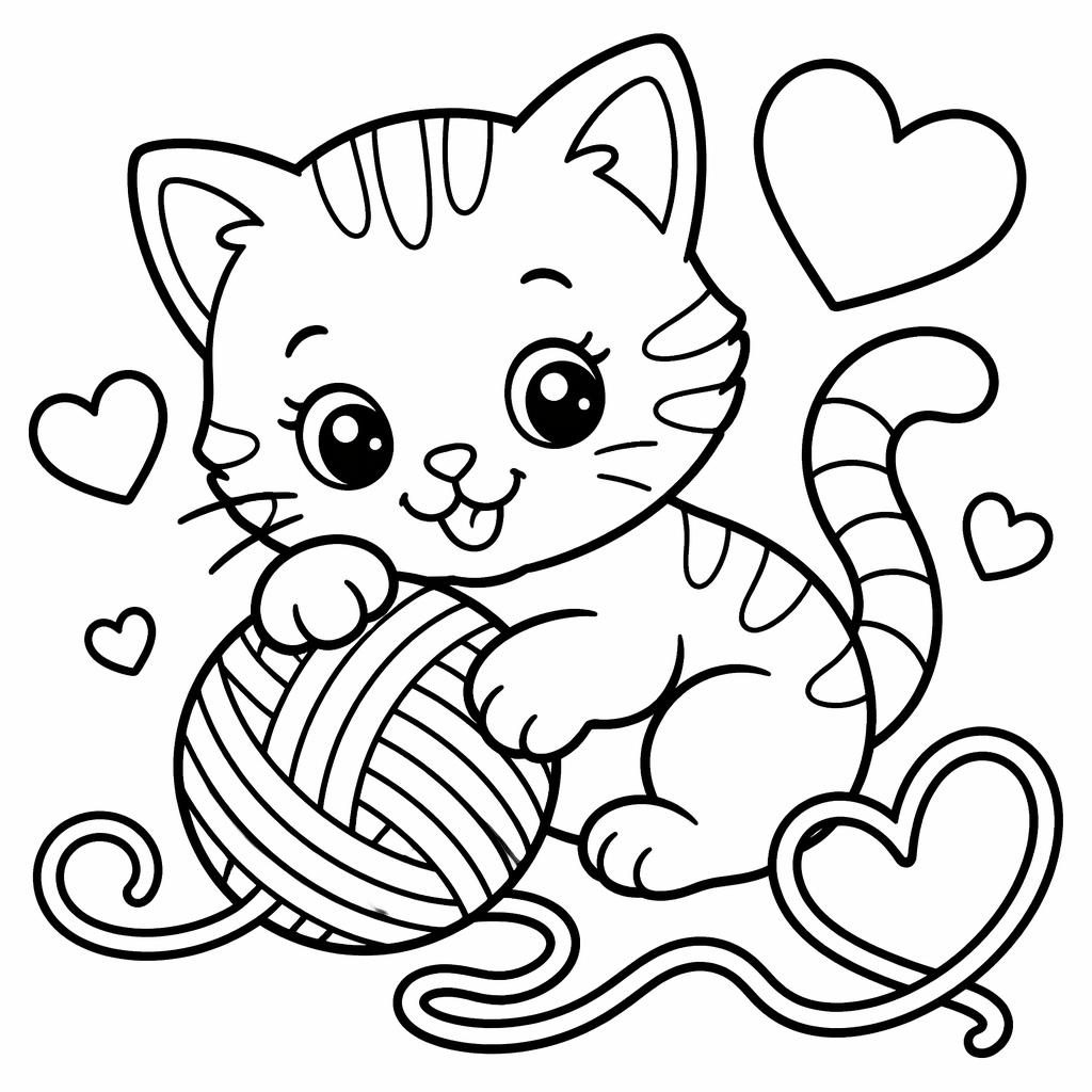 Illustration noir et blanc d’un chaton avec une pelote, traits épais et formes simples pour coloriage enfant.