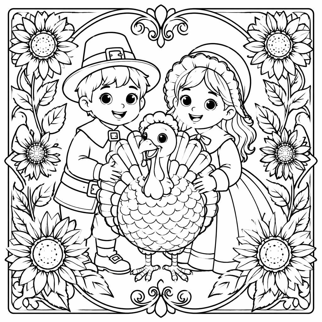 Black-and-white coloring page of kids with a Thanksgiving turkey in an art nouveau line-art style.