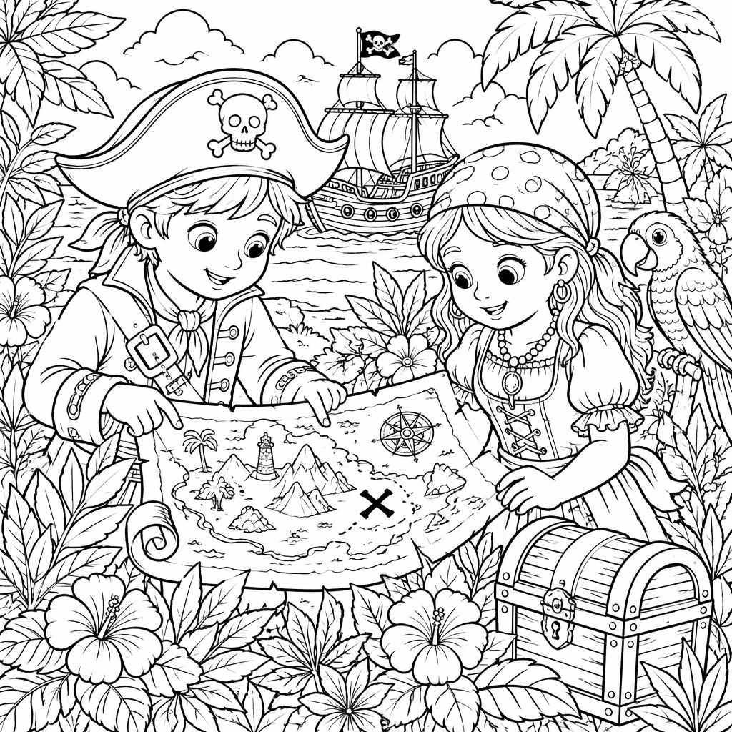 Ilustración para colorear en blanco y negro de niños piratas con mapa del tesoro y detalles botánicos.
