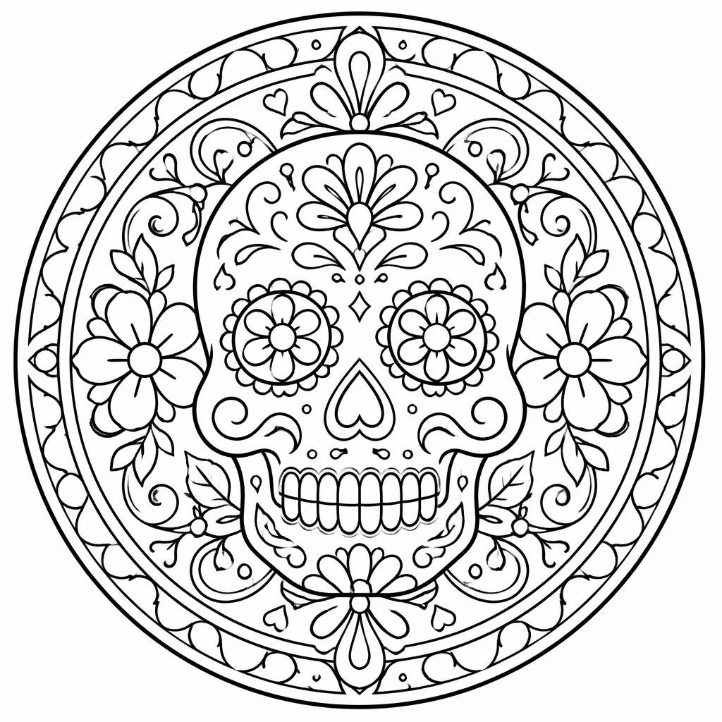 Ilustración para colorear en blanco y negro de una calavera de azúcar con flores y detalles tipo art nouveau.