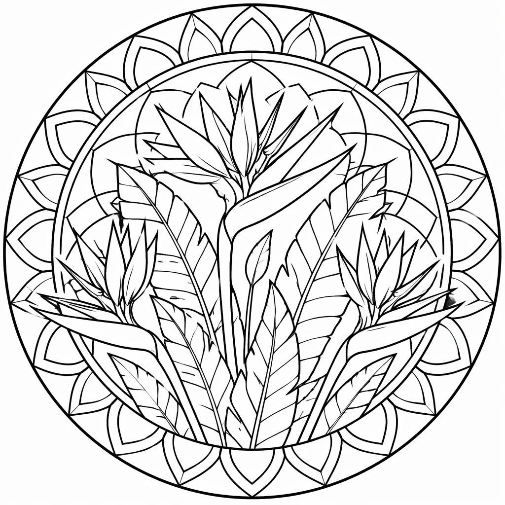 Black-and-white line art coloring page with birds of paradise flowers in a simple mandala geometric style.