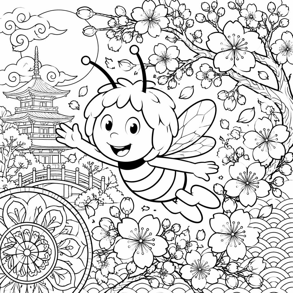 Schwarz-weiße Ausmalseite mit japanischer Kirschblüte im Manga-Stil, detailreich, mit klaren Konturen.