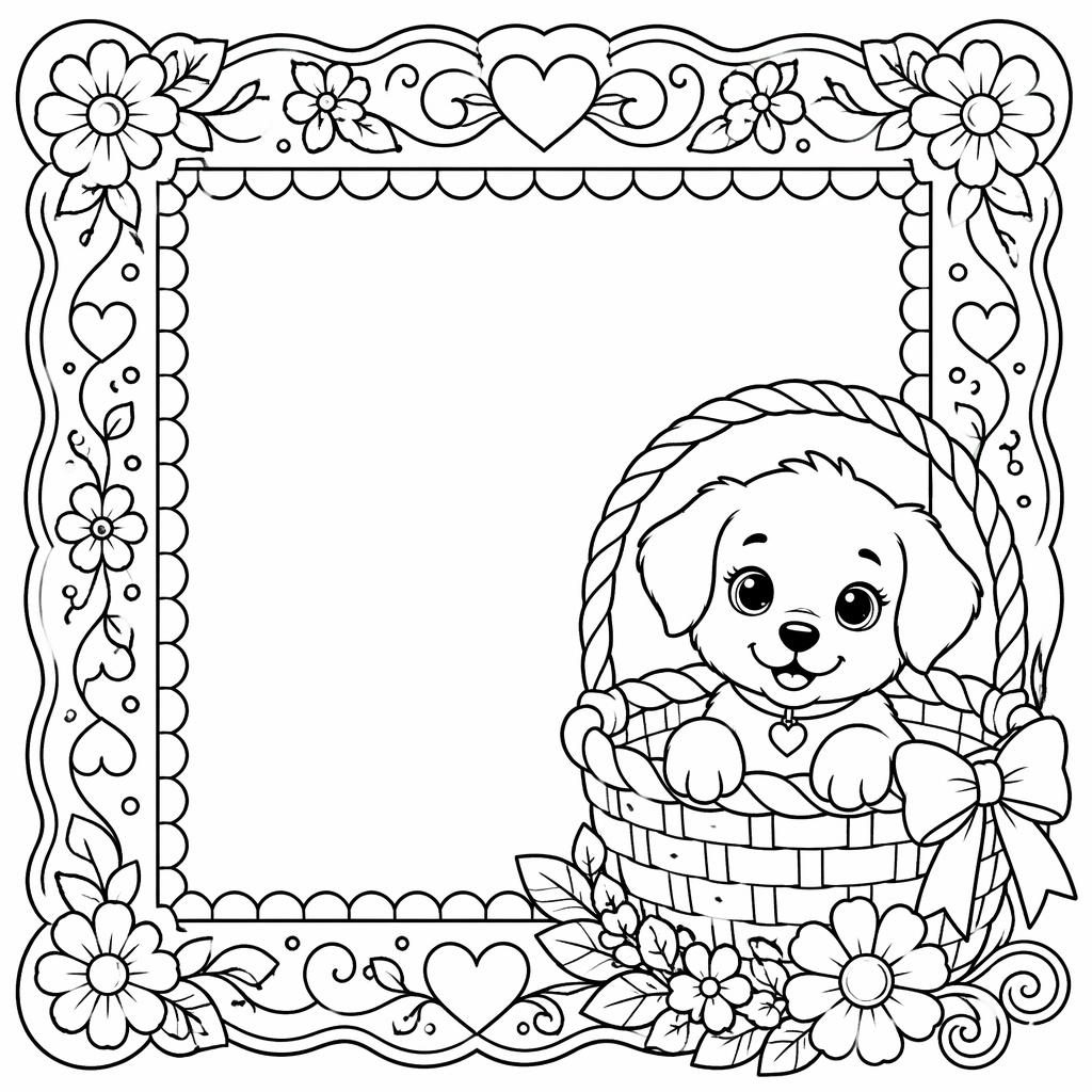Schwarz-weißes Ausmalbild mit Welpe im Korb, Kindern und dekorativen Zentangle-Linien als klarer Bilderrahmen.