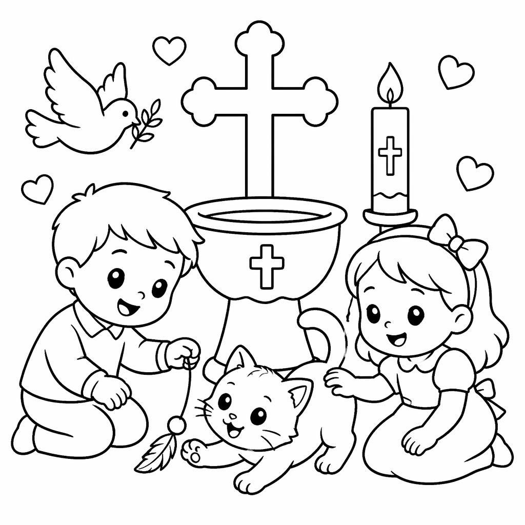 Schwarz-weißes Ausmalbild mit einer niedlichen Katze und spielenden Kindern als einfache Cartoon-Lineart.