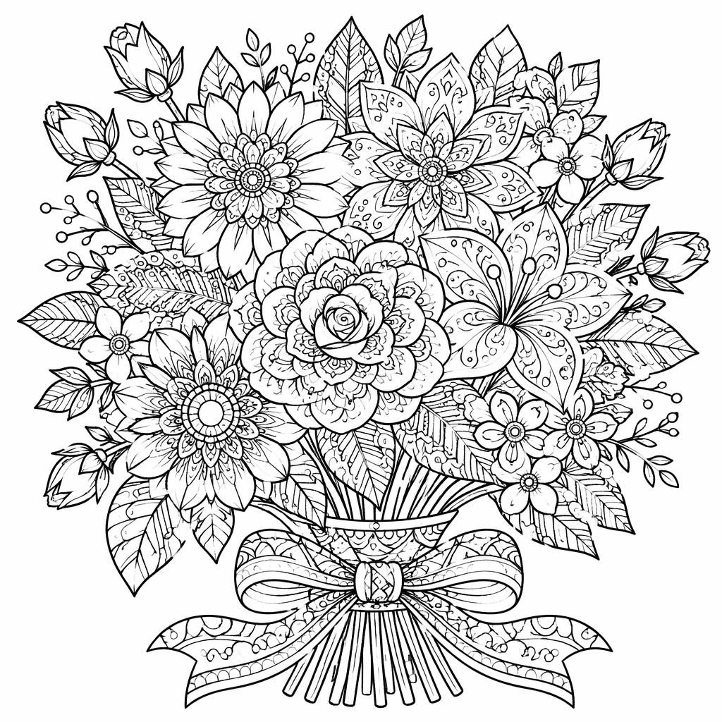 Illustration noir et blanc d’un bouquet de fleurs très détaillé, style mandala géométrique, contours nets à colorier.
