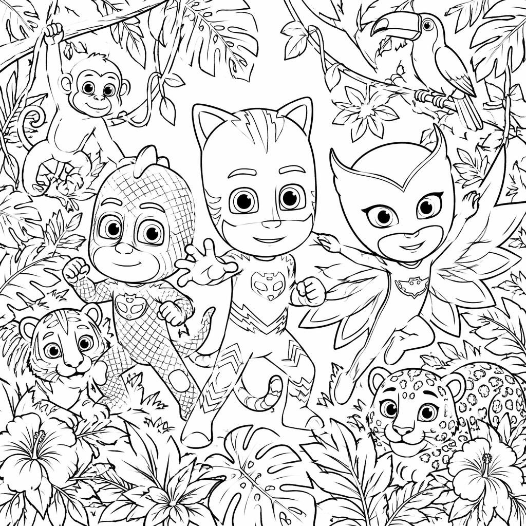 Ilustración para colorear en blanco y negro con animales de la selva para niños, en estilo botánico detallado.