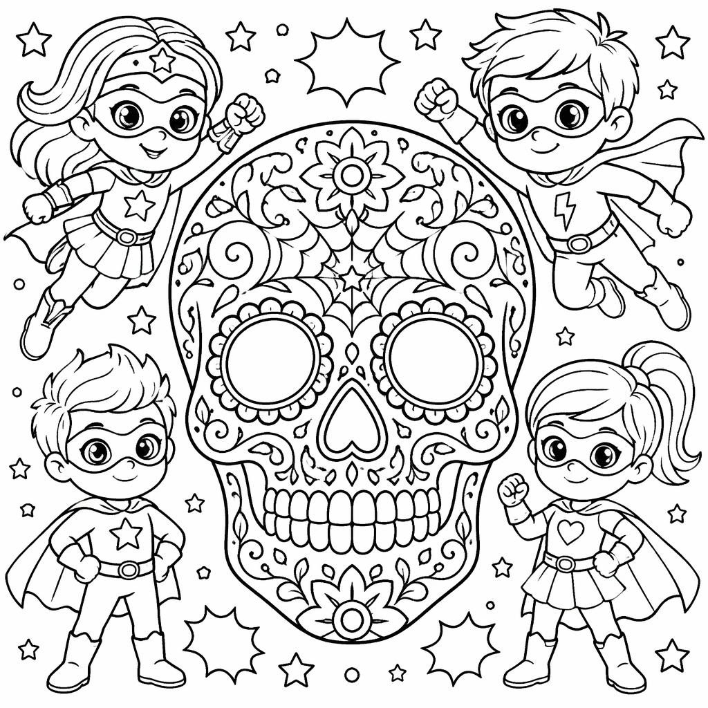 Schwarz-weiße Ausmalbild-Illustration mit niedlichen Superhelden-Kindern und detailreichen, sauberen Konturen.