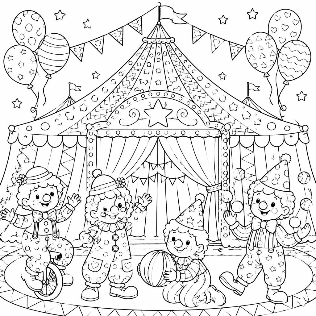 Schwarz-weiße Ausmalseite mit Zirkuszelt, Clowns und Kindern im detailreichen Doodle-Linienstil.