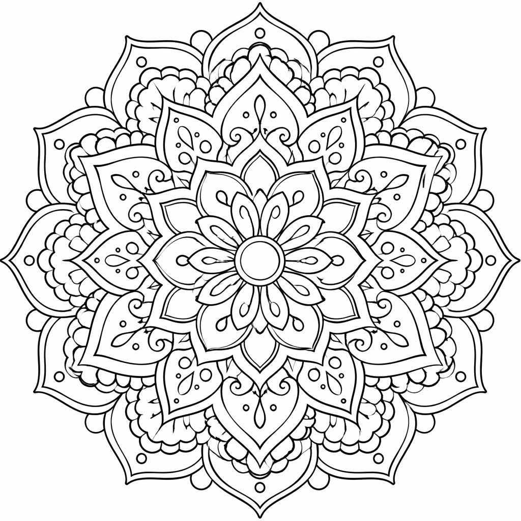 Schwarz-weißes Malmuster mit detailreichem Mandala im niedlichen Cartoon-Stil, klare Linien auf weißem Hintergrund.