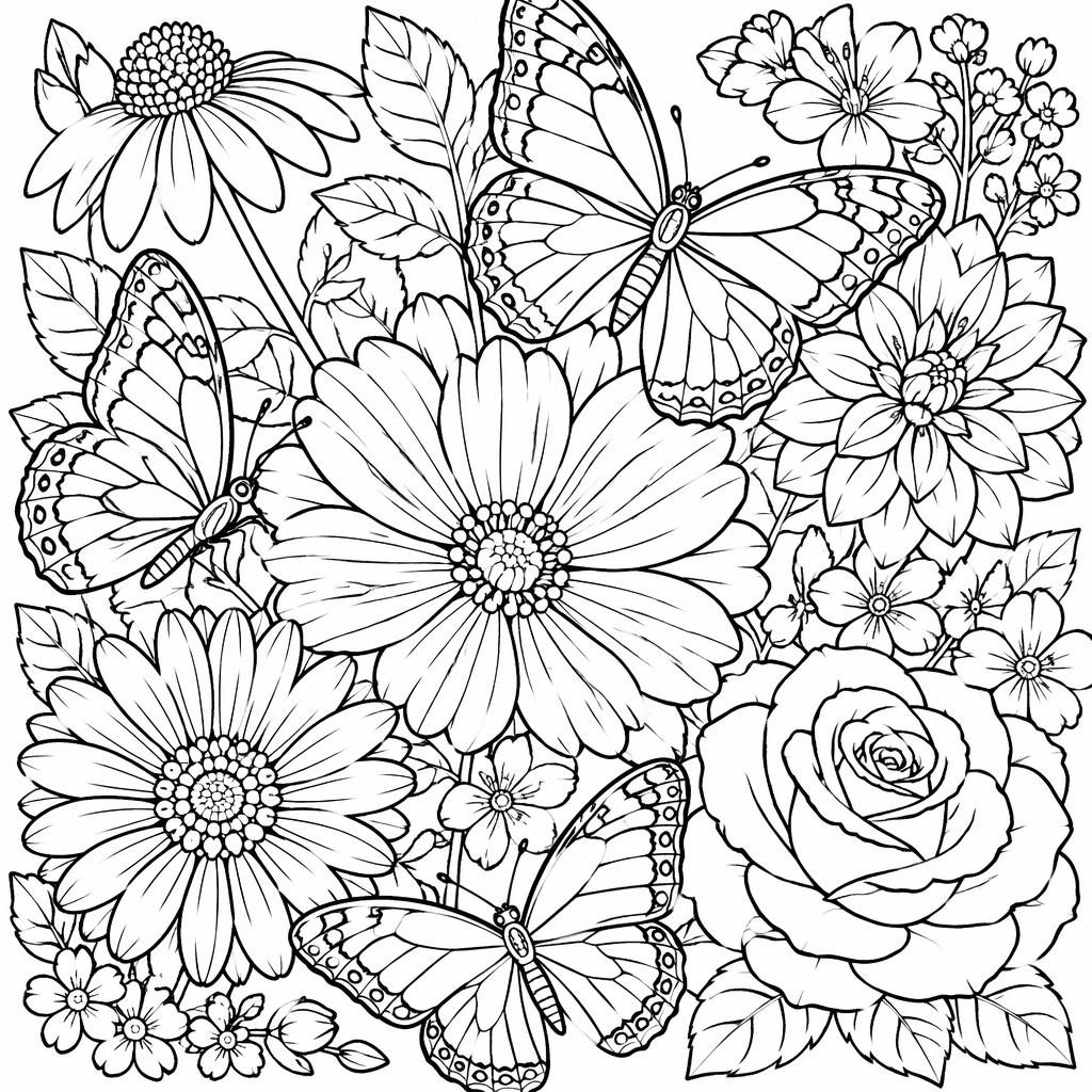 Página para colorear en blanco y negro con mariposas y flores detalladas, estilo line art limpio y realista.