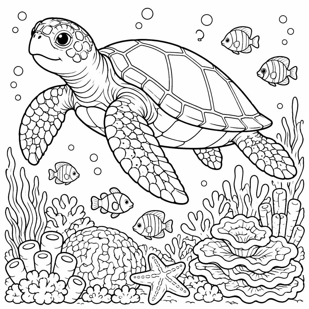 Black-and-white line art of a cute adult sea turtle swimming over a reef in a detailed cartoon coloring page.