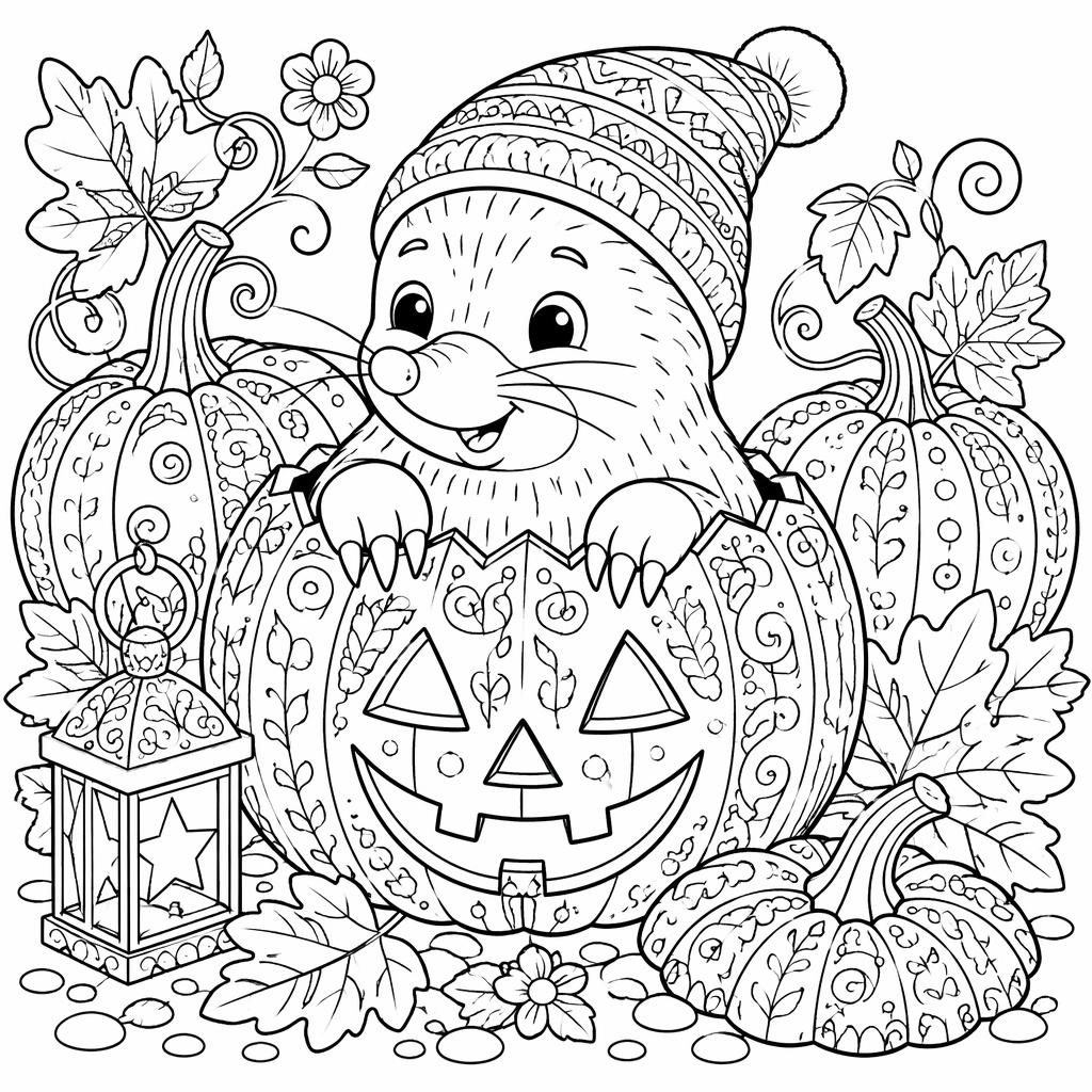 Schwarz-weiße Ausmalbild-Illustration mit kindlichen Halloween-Kürbissen im detailreichen Zentangle-Linienstil.