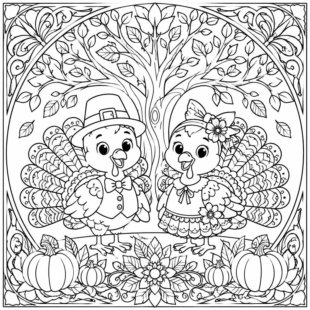 Schwarz-weiße Ausmalbild-Illustration mit Thanksgiving-Truthahn und Kindern in detailreichem Jugendstil.