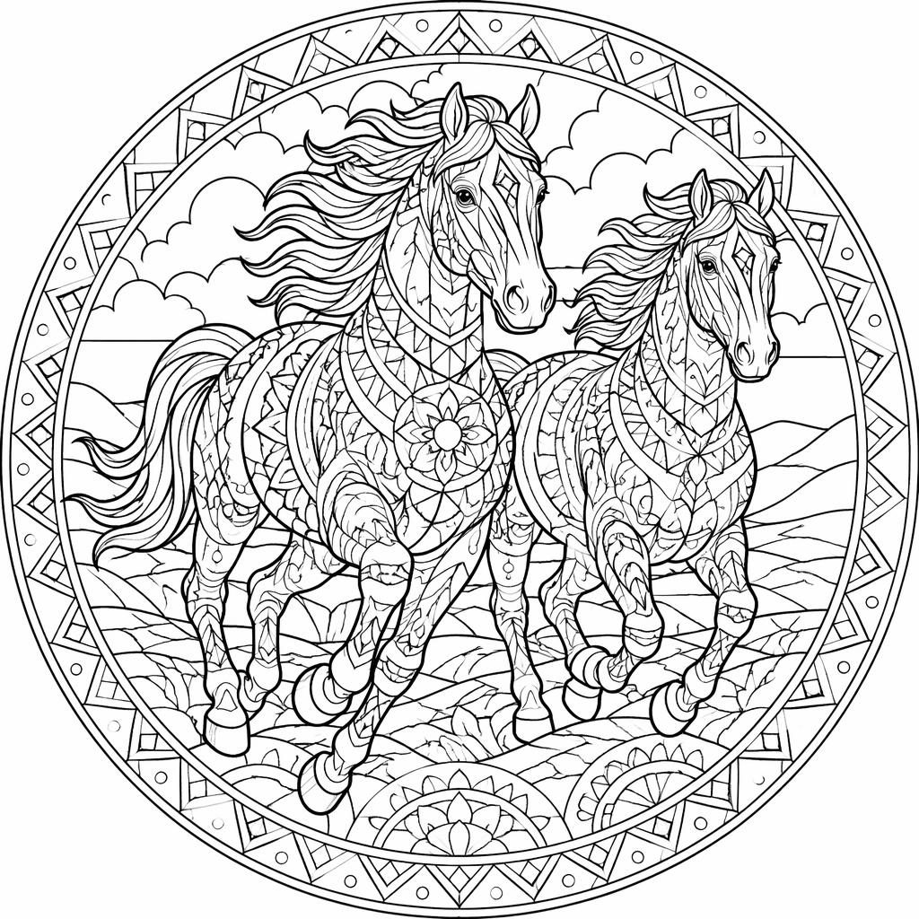 Schwarz-weiße Ausmalbild-Illustration mit mehreren laufenden Pferden im detailreichen Mandala-Stil.