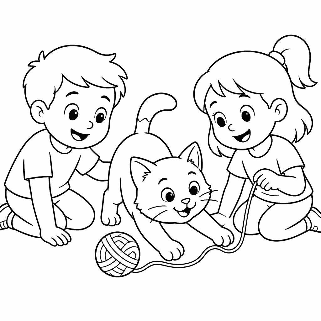 Einfaches Wal Ausmalbild mit einer spielenden Katze in klaren schwarzen Linien auf weißem Hintergrund.