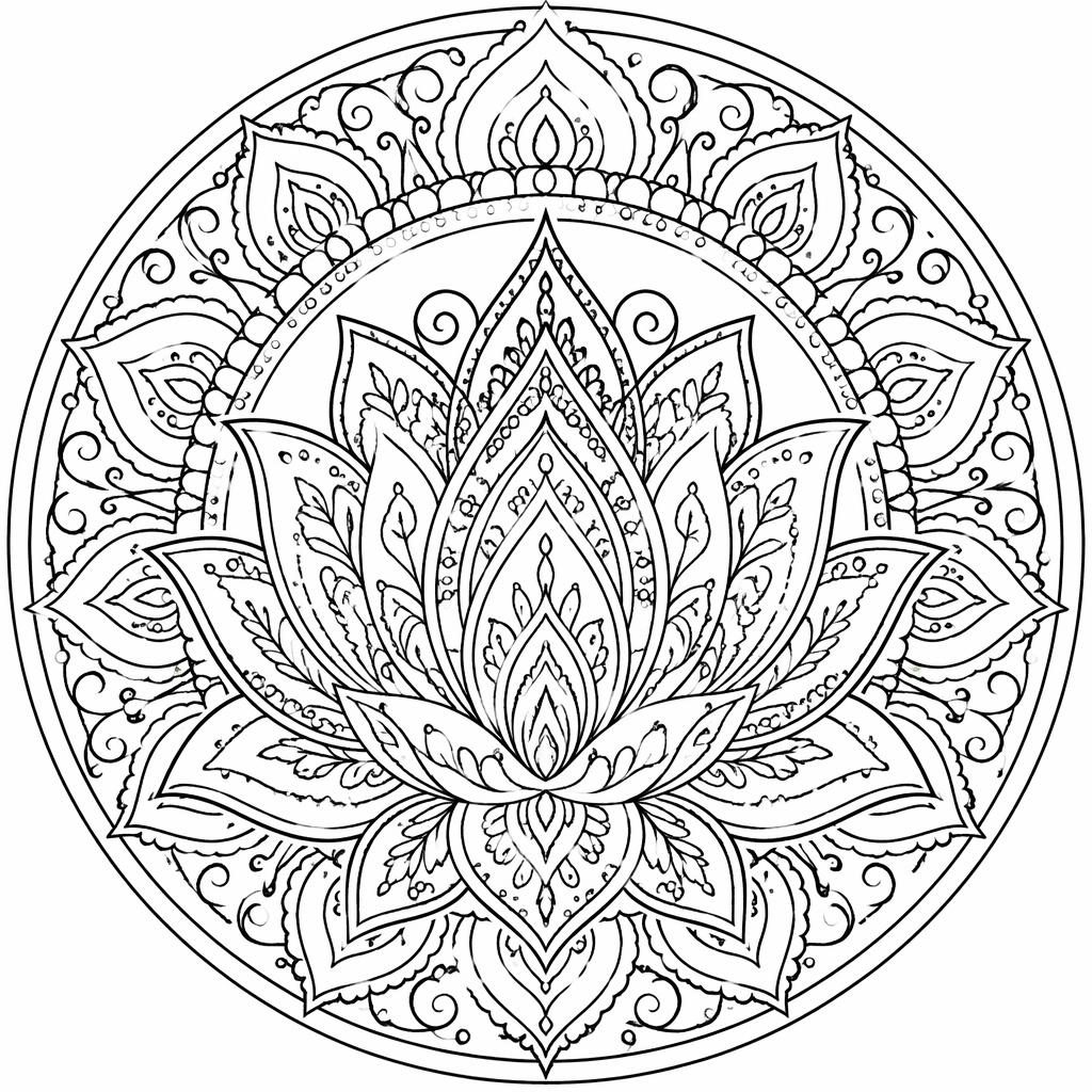 Black-and-white mandala lotus coloring page with intricate geometric petals and clean printable line art on white.