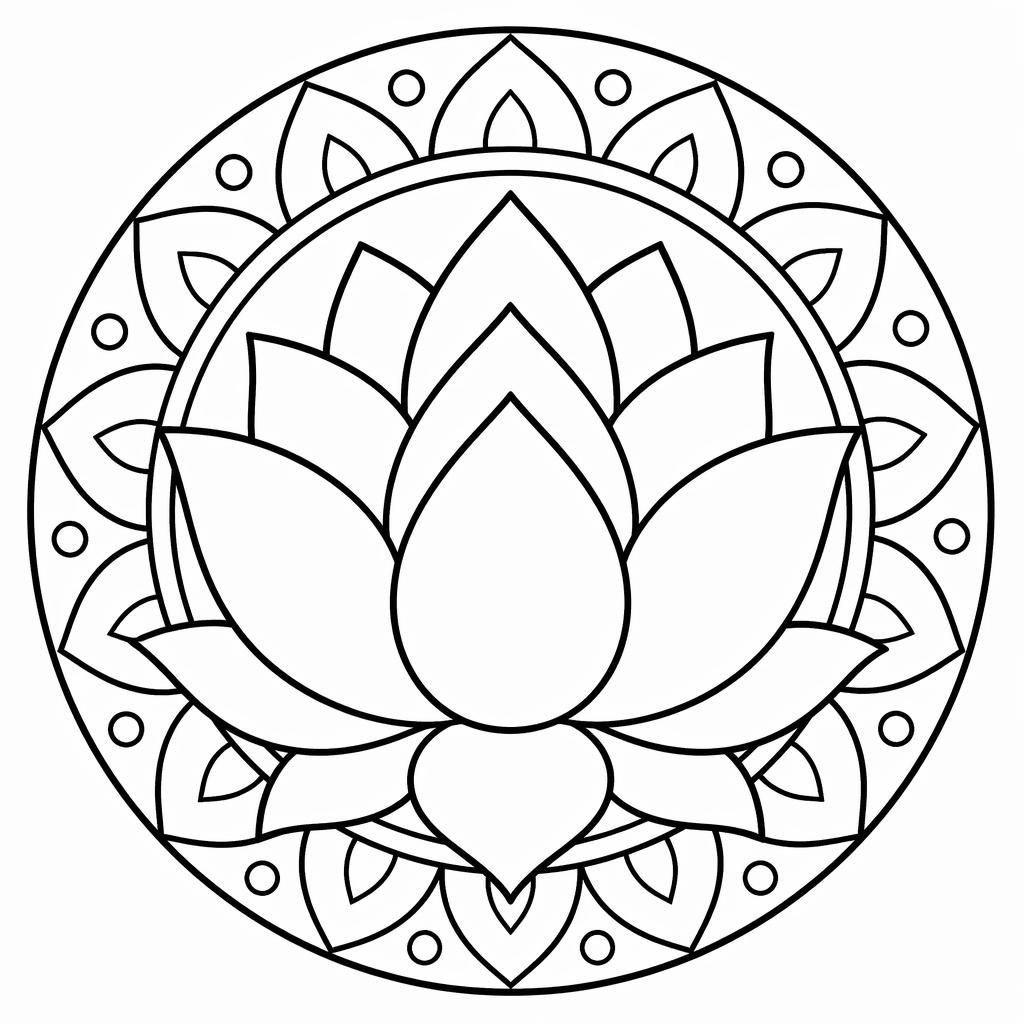 Illustration noir et blanc d’un mandala lotus simple, style dessin animé mignon, contours épais sur fond blanc.