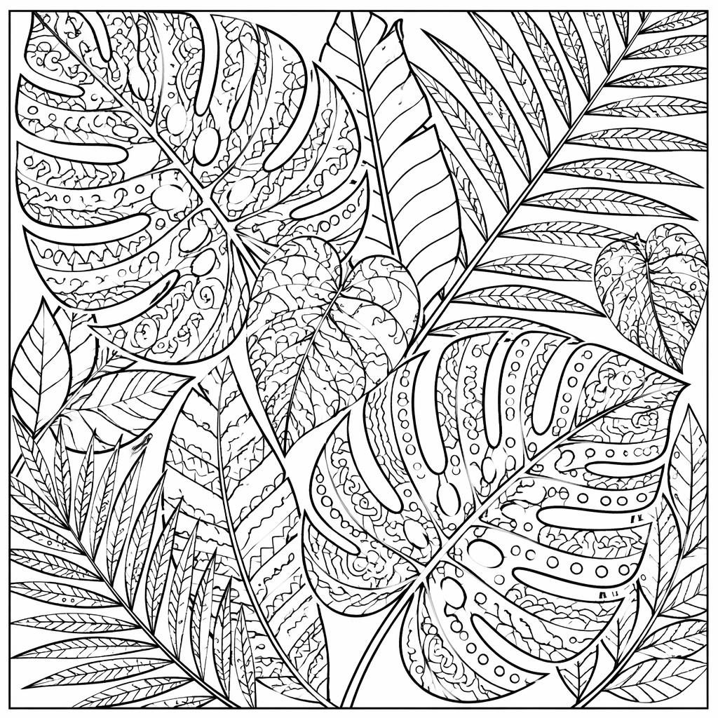 Černobílá omalovánka s tropickými listy ve stylu zentangle, čisté manga linky, bez stínování.