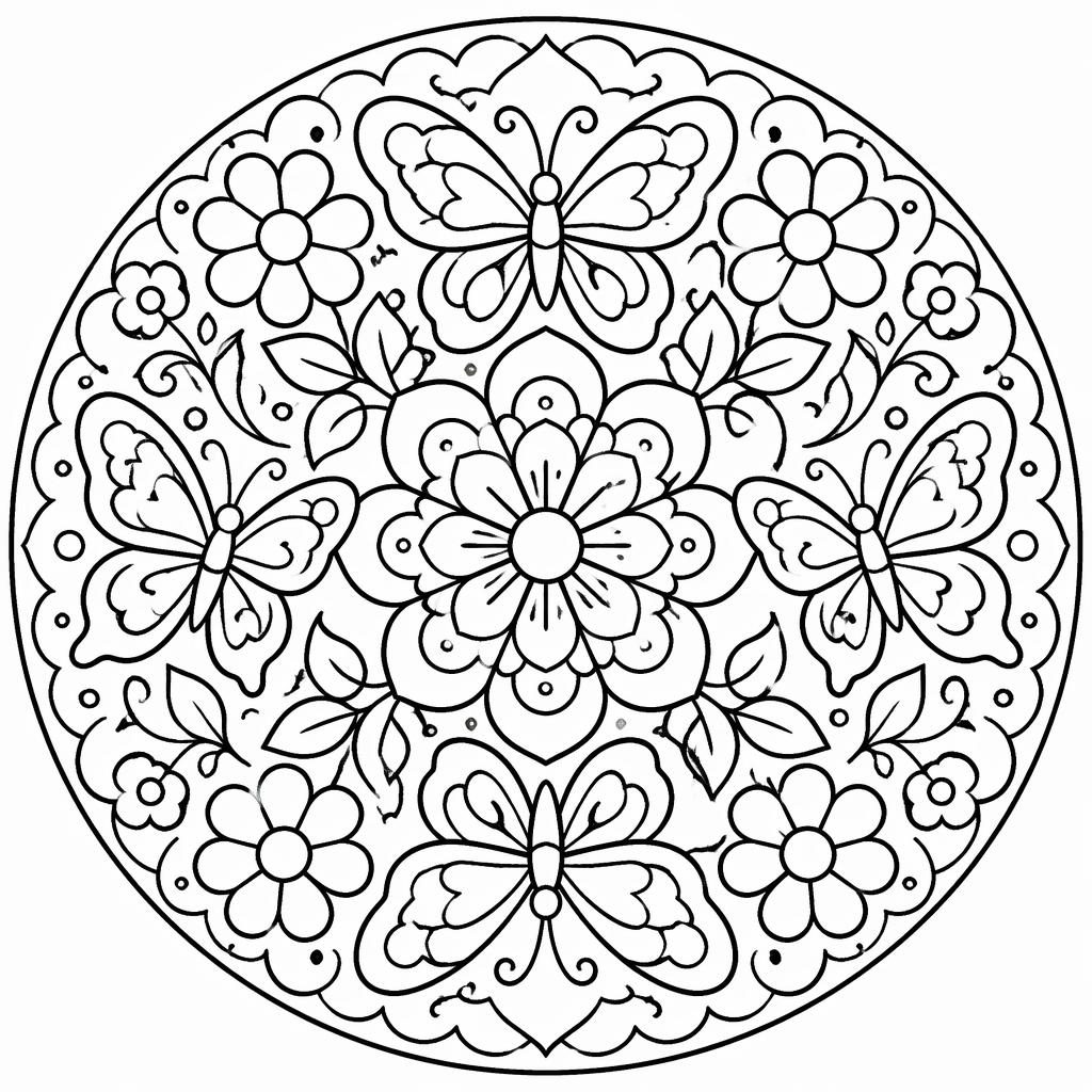 Ilustración en blanco y negro con mariposas y flores detalladas, estilo manga simple, para colorear infantil.