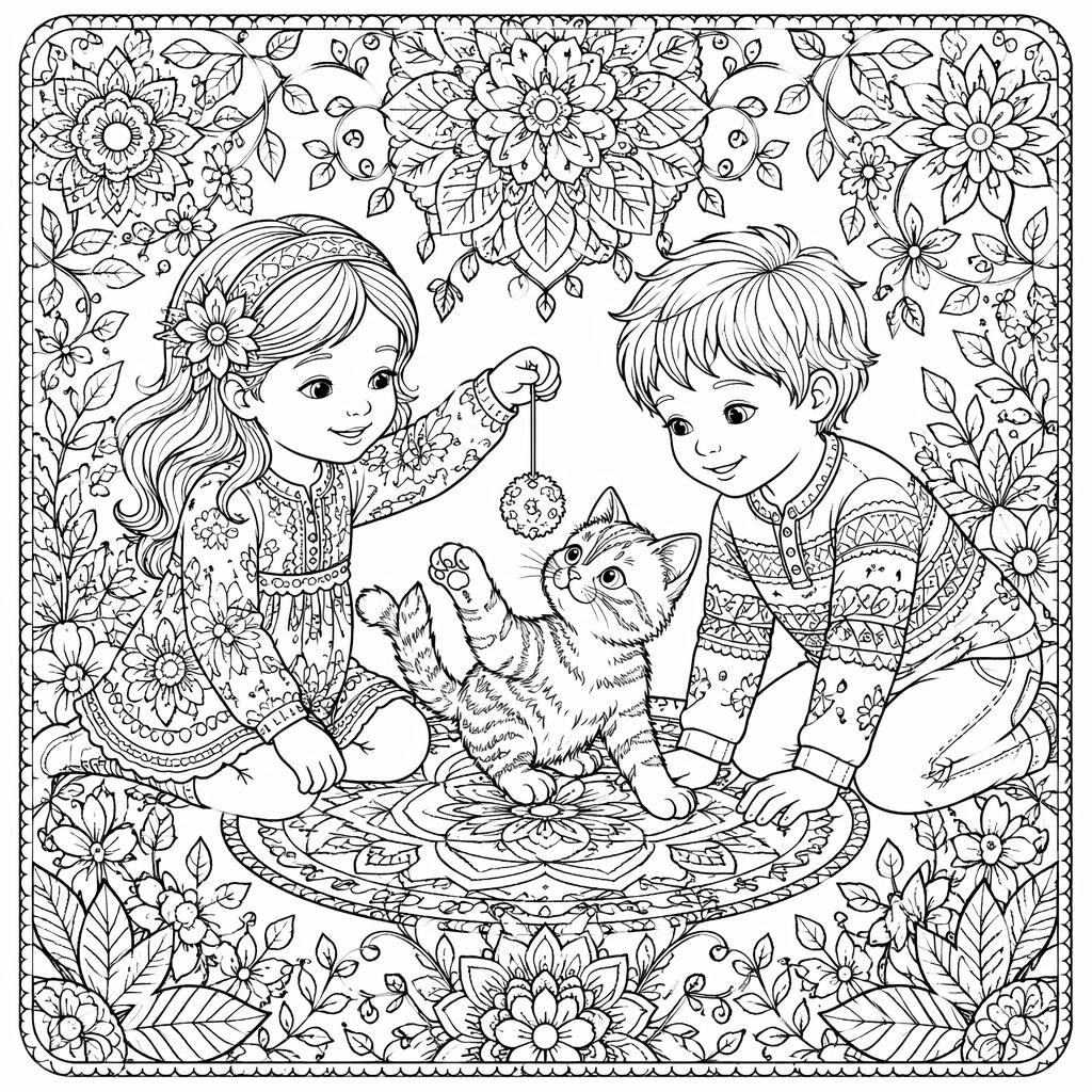 Black-and-white coloring page of a cat playing with kids, surrounded by intricate botanical mandala details.