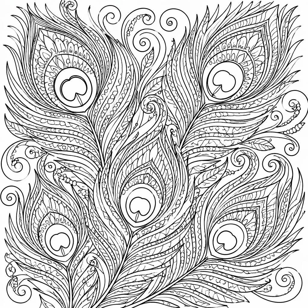 Illustration noir et blanc de plumes de paon très détaillées en style mandala, contours nets à colorier.