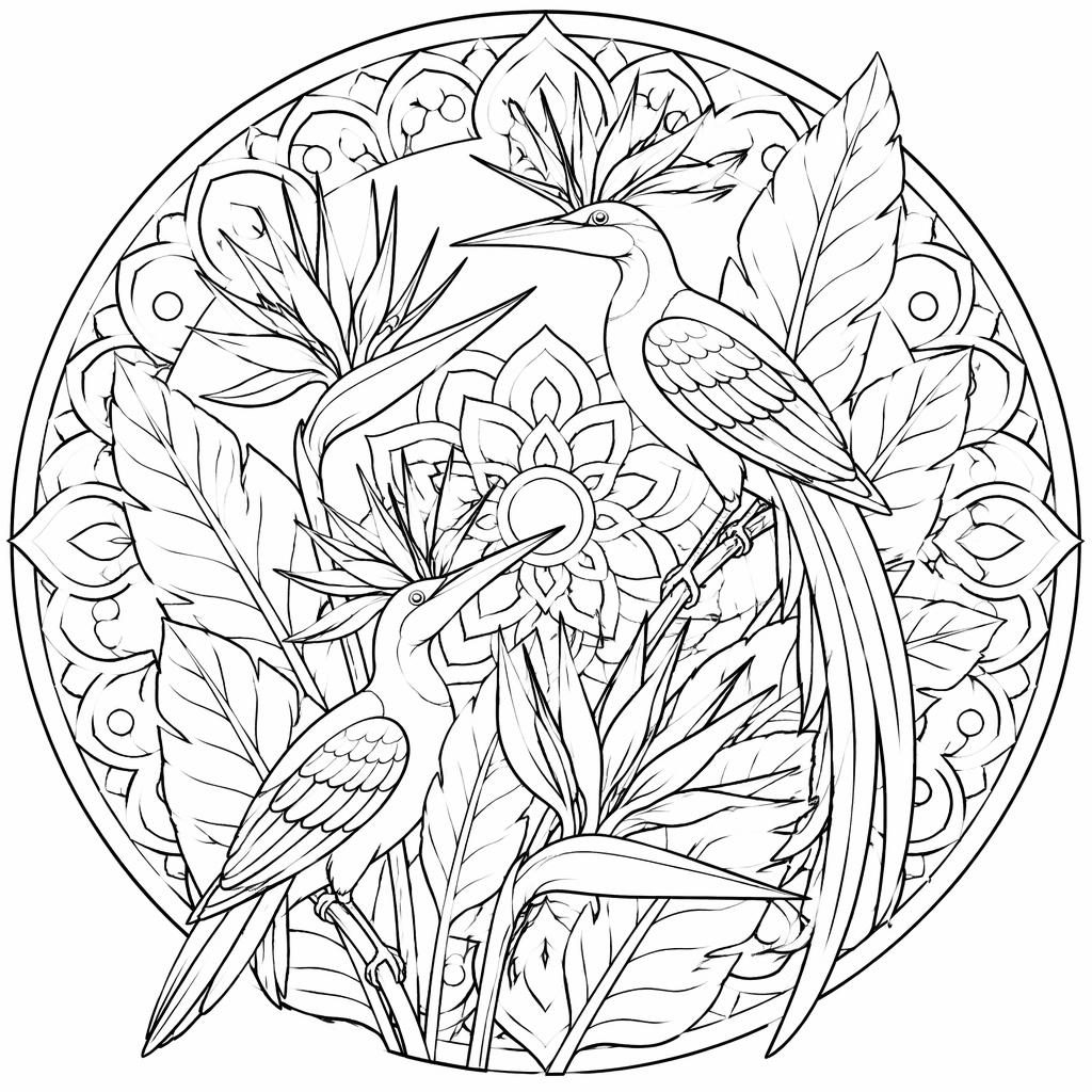 Ilustración para colorear en blanco y negro de aves del paraíso detalladas, estilo botánico, con contornos limpios.