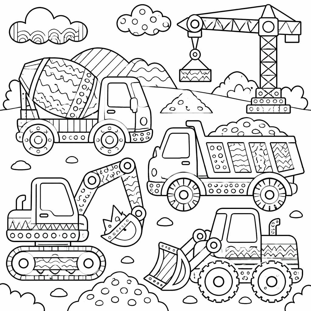 Schwarz-weiße Ausmalseite mit einfachen Baufahrzeugen für Kinder im Doodle-Stil, klare Konturen auf weißem Hintergrund.