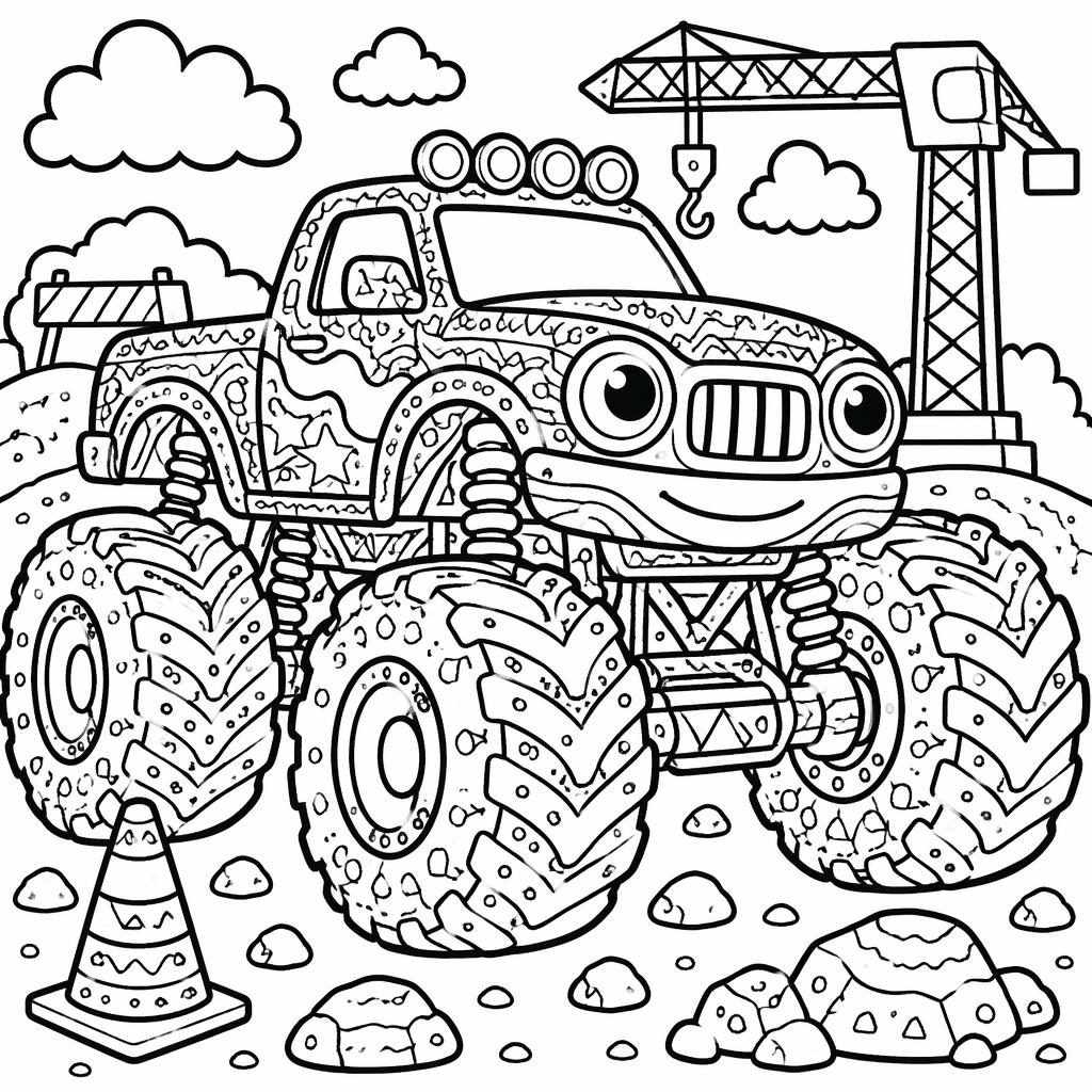 Illustration noir et blanc de camions de chantier style doodle, gros contours, formes fermées, pour coloriage enfant