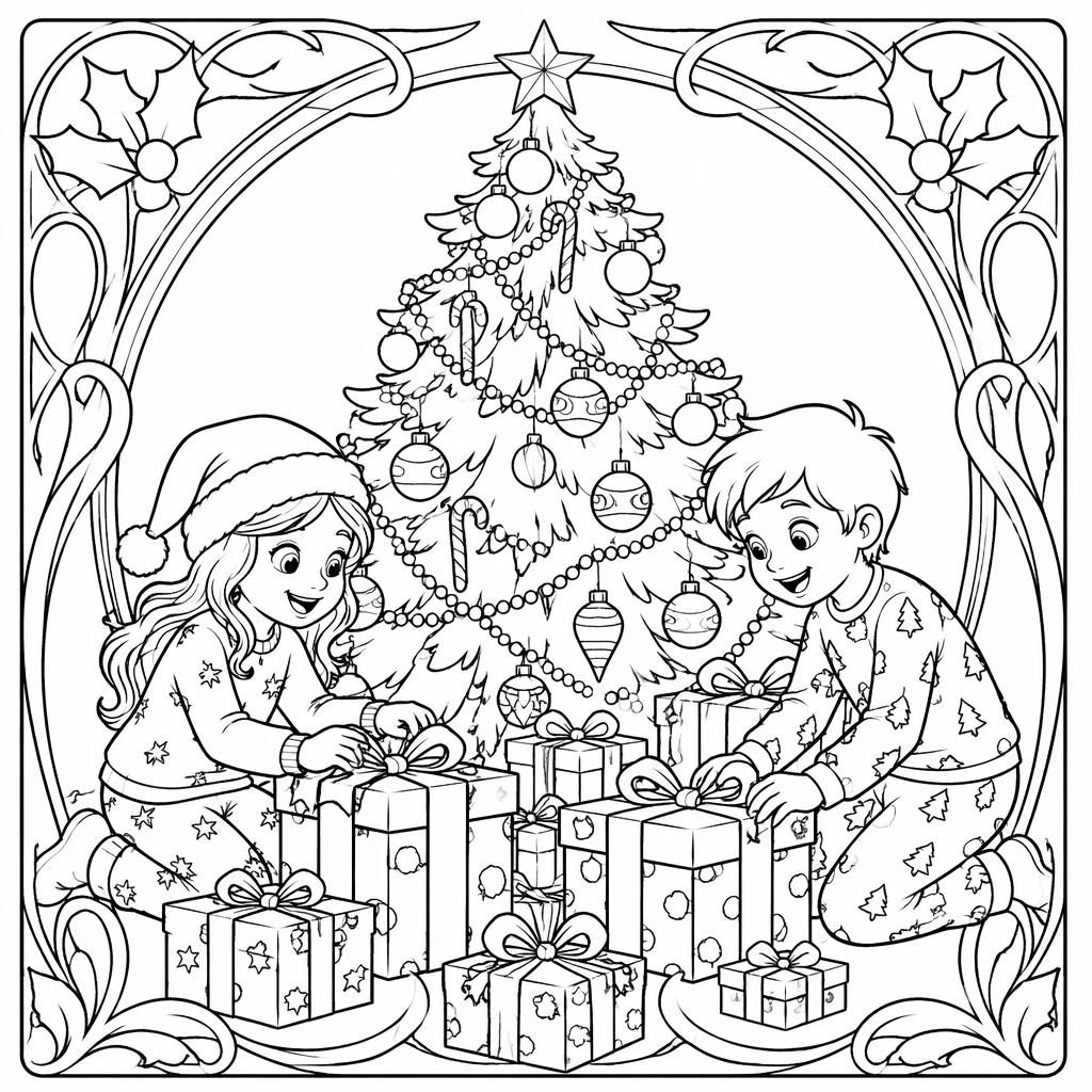 Schwarz-weiße Ausmalbild-Illustration mit Weihnachtsbaum, Geschenken und Kindern im Jugendstil als klare Line-Art.