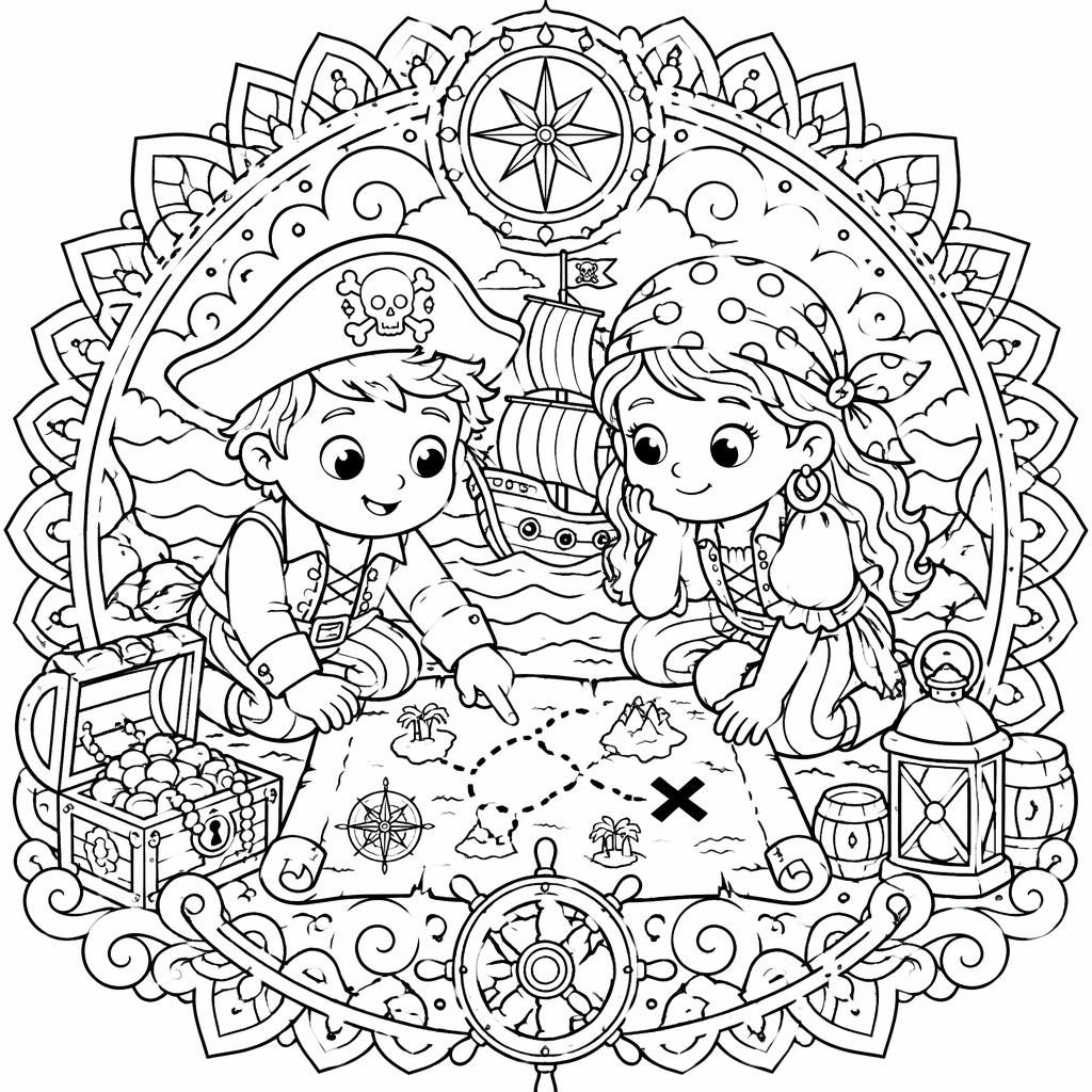 Schwarz-weiße Ausmalseite mit kindlichen Piraten, Schatzkarte und detailreichen Mandala-Mustern als Line-Art.