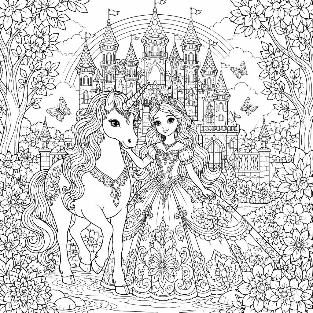 Illustration en noir et blanc d’un château de princesse féerique pour enfants, style coloriage détaillé à contours nets.