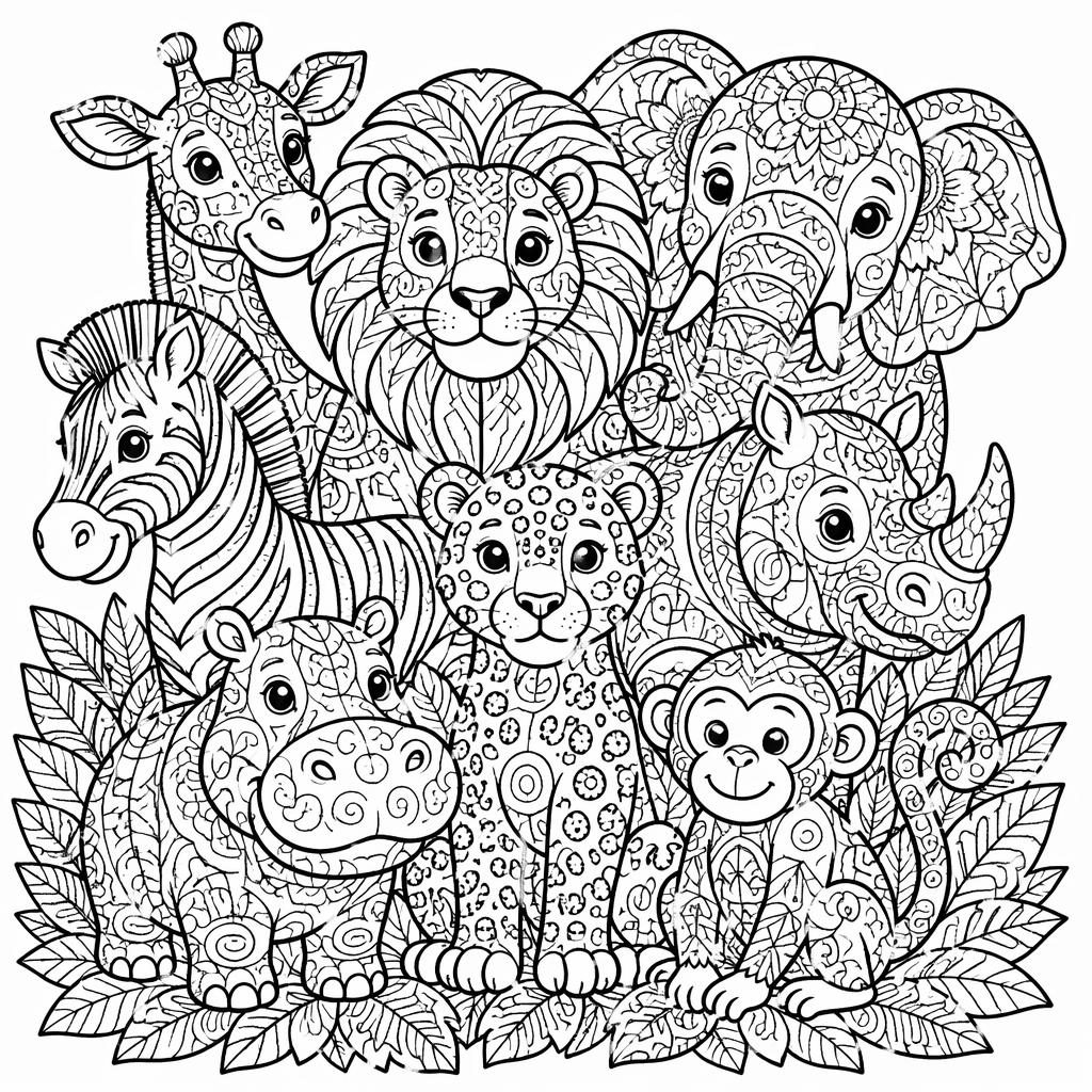 Black-and-white safari animals zentangle coloring page with intricate doodle patterns, bold outlines, and printable closed shapes.