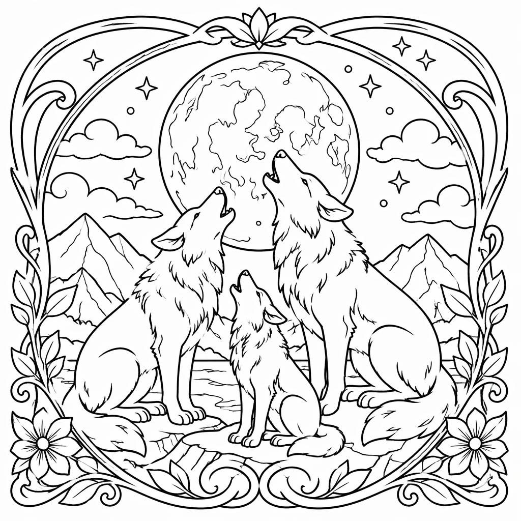 Ilustración para colorear en blanco y negro de lobos aullando a la luna, estilo art nouveau, con líneas limpias.