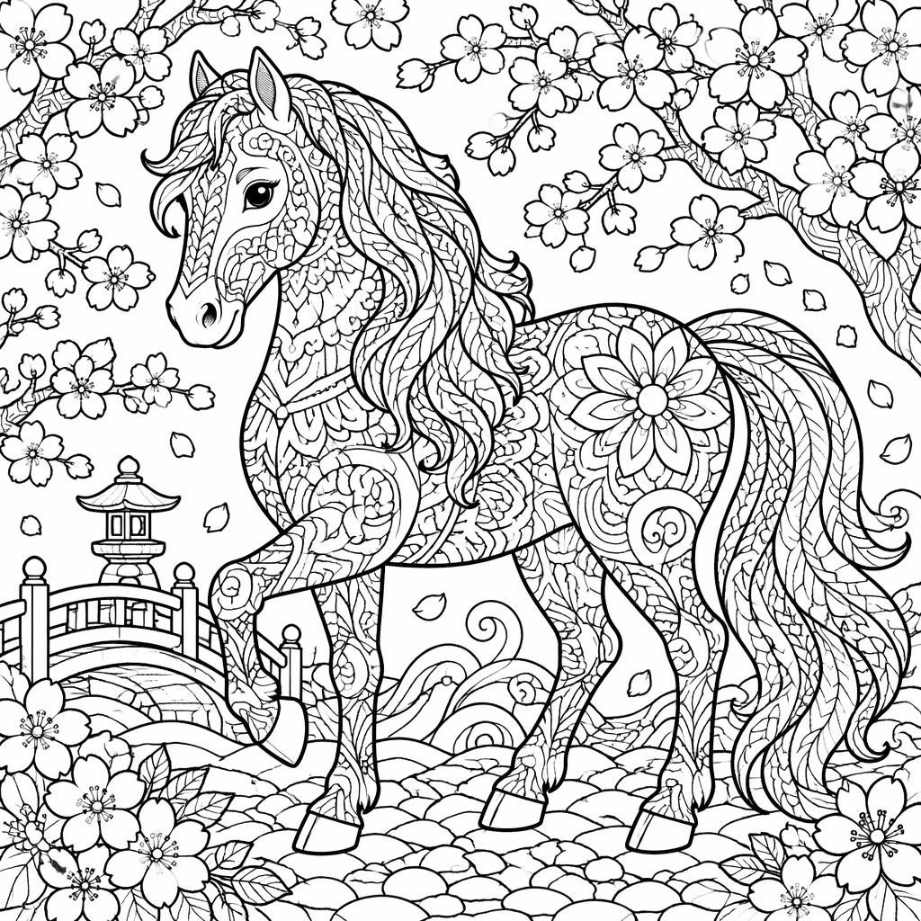 Illustration à colorier en noir et blanc de fleurs de cerisier japonaises, style zentangle, contours épais.