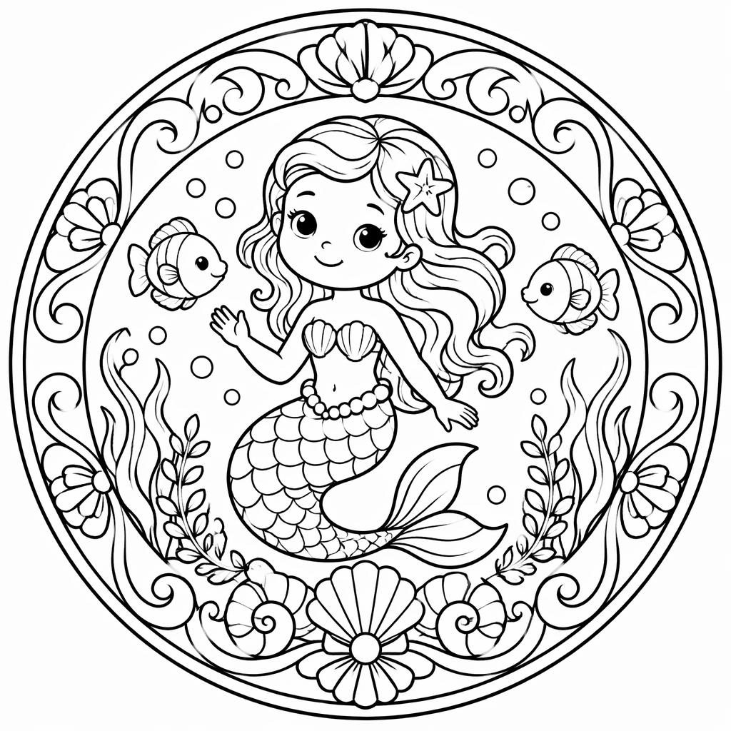Illustration noir et blanc d'une sirène sous la mer pour enfants, style art nouveau, contours épais à colorier.