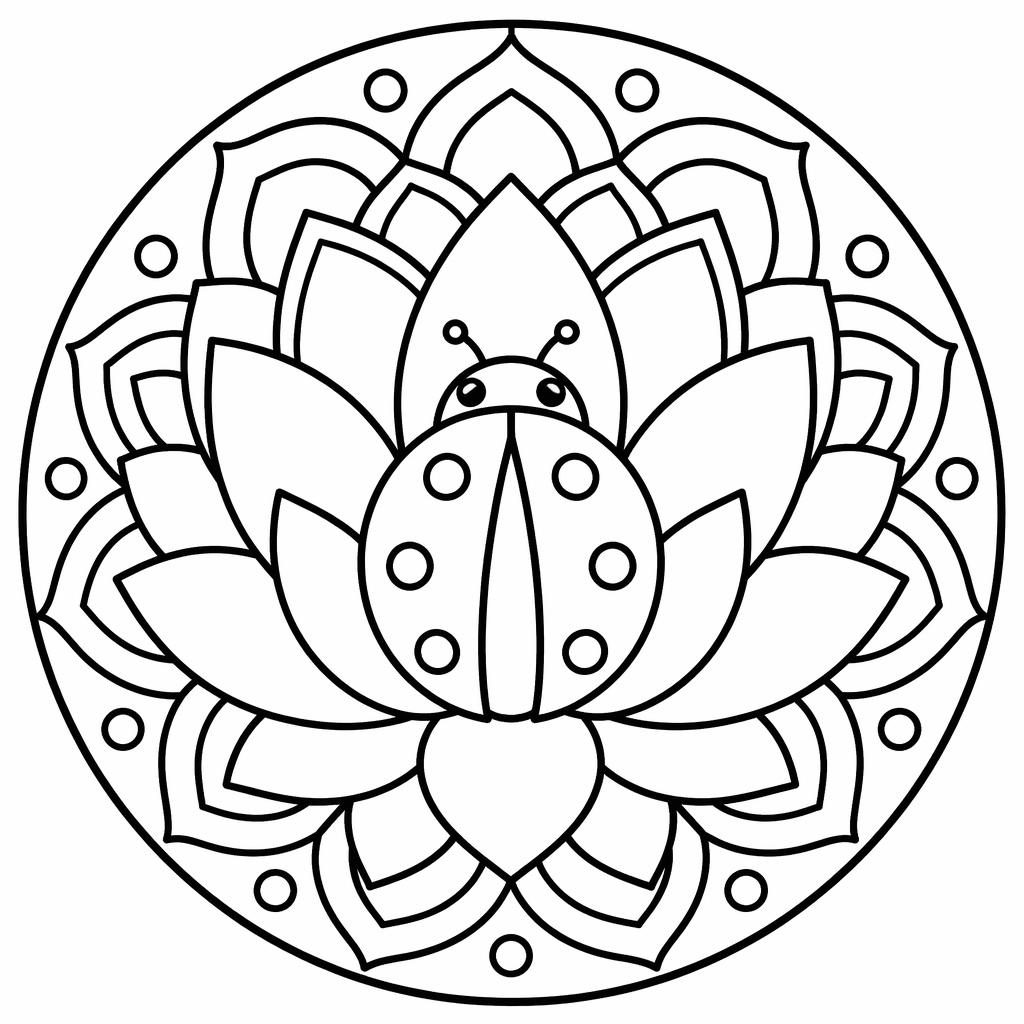 Schwarz-weiße Ausmalbild-Illustration einer einfachen Mandala-Lotusblüte mit dicken Konturen auf weißem Hintergrund.