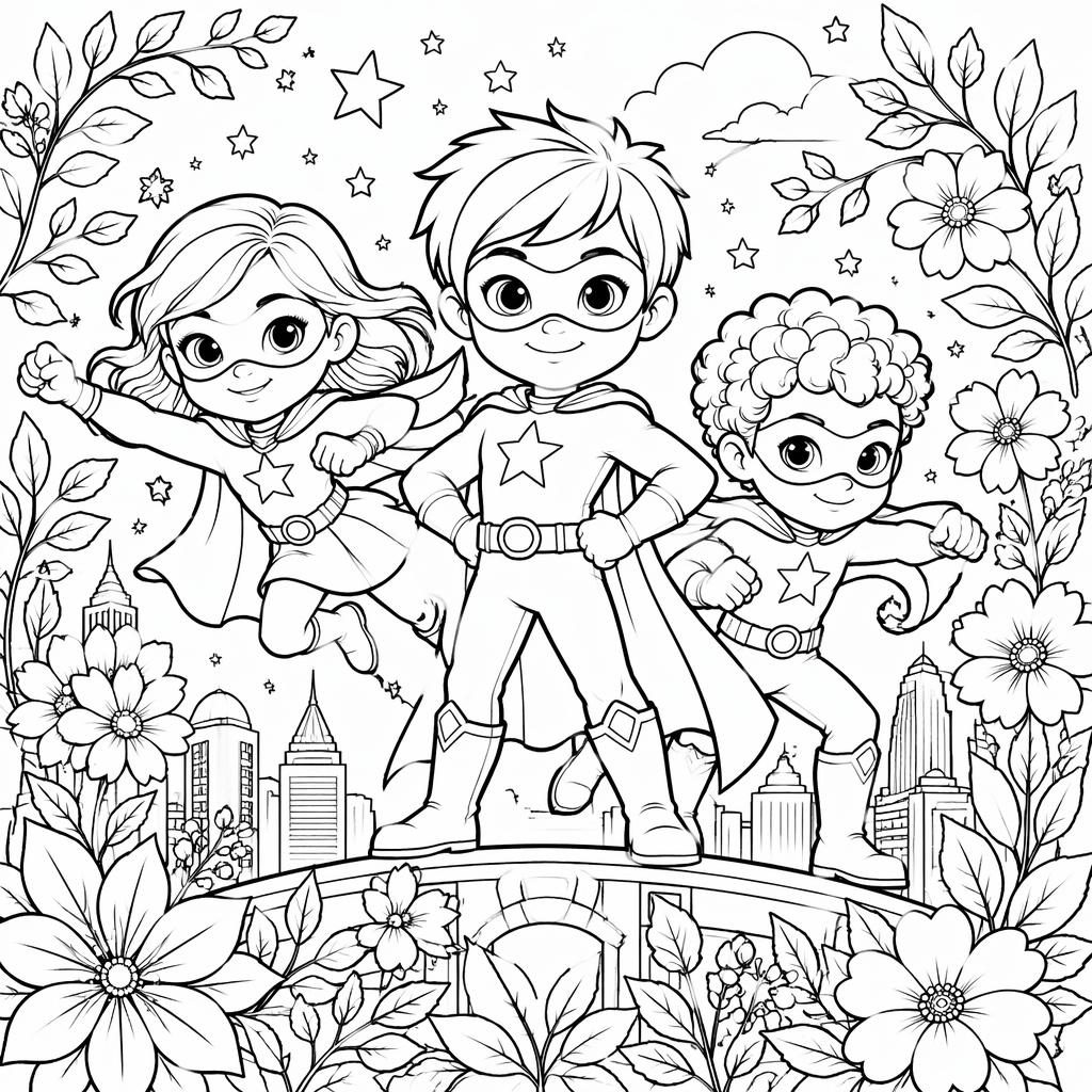 Illustration noir et blanc de enfants super-héros cartoon, style botanique détaillé, contours nets à colorier.